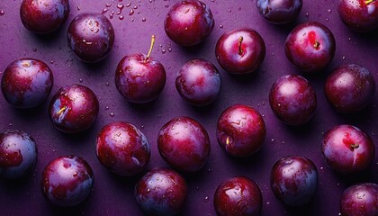 fresh ripe purple plums with water droplets scattered on a deep purple background, glossy and juicy flat lay evoking freshness and appetite
