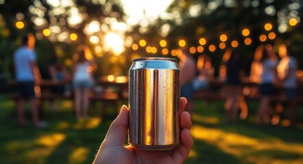 Hand holding a chilled aluminum can against warm sunset light at a backyard party with string lights and blurred friends, relaxed festive summer evening
