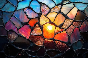 glowing stained glass mosaic window with sunlike warm center and vibrant blue purple orange shards evoking warmth and radiance