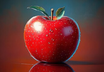Glossy red apple with water droplets and two green leaves on a reflective surface against a blue to red gradient background, fresh and appetizing still life