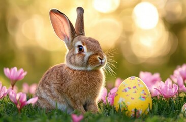curious brown rabbit in grass with pink flowers and a decorated yellow egg, peaceful golden sunlight and soft bokeh