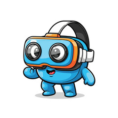 Fototapeta premium Playful blue cartoon mascot wearing a VR headset, illustrating technology and imagination.