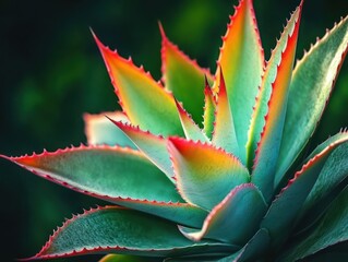 Close-up colorful succulent rosette with teal leaves and red serrated edges glowing against a dark blurred background, vibrant and tranquil