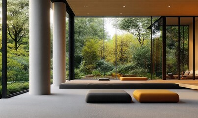 Minimalist modern lounge with floor-to-ceiling glass walls overlooking a lush garden, low cushions on a neutral floor, concrete columns and warm wood ceiling creating calm serenity