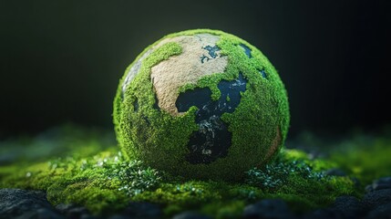 Moss-covered globe resting on a bed of lush moss and tiny plants, bathed in soft light, evoking calm, renewal and hope for the planet