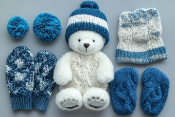 white teddy bear in a cream cable knit sweater and blue striped beanie surrounded by blue knitted mittens, booties, pom-poms and a blue-white cowl on a gray background, cozy and cute