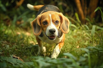 young tricolor dog with floppy ears walking through sunlit grass, paws stepping over leaves, focused and curious as it sniffs the ground in a green garden
