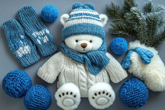 Cozy plush white teddy bear in a cream knit sweater wearing a blue striped hat and matching scarf surrounded by blue knitted balls, mittens, faux fur gloves and a pine sprig, cheerful warm mood