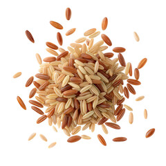 Mixed heap of brown and white long grain rice, organic unpolished and polished rice seeds, healthy cereal grains for diet isolated on white background