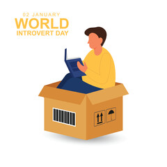 World Introvert Day background. Man is reading a book isolated in box