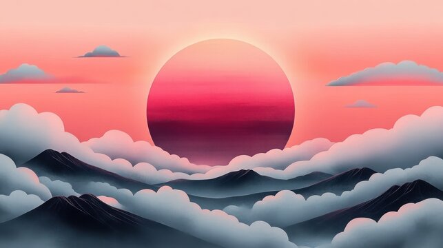 Serene pastel sunrise with a large pink sun above layered misty mountains and soft rolling clouds, a dreamy tranquil atmosphere - Powered by Adobe