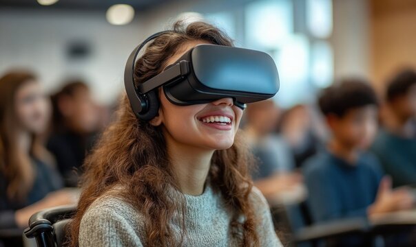 young student with long curly hair wearing a virtual reality headset and headphones in a classroom, seated among peers and appearing focused and immersed - Powered by Adobe