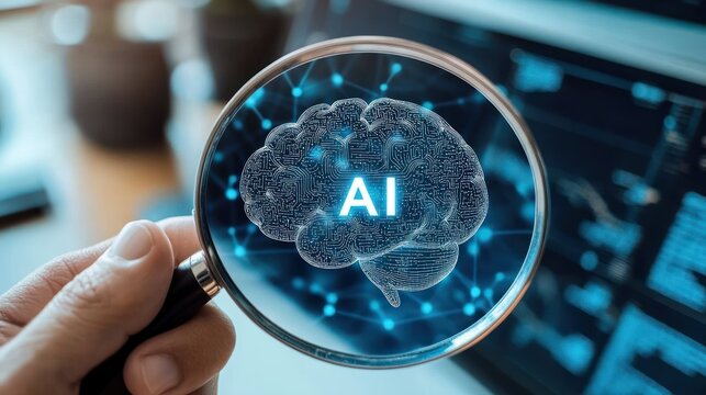 Hand holding a magnifying glass inspecting a glowing digital brain labeled AI against a blurred computer screen, conveying curiosity and analytical scrutiny - Powered by Adobe