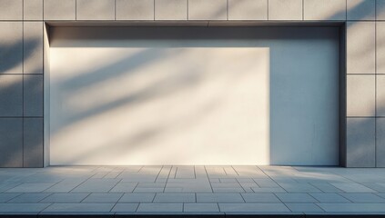 Minimalist recessed building facade with a blank white interior panel, grid cladding and tiled sidewalk, soft tree shadows and a calm quiet atmosphere