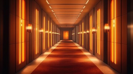 Long symmetrical modern corridor with glowing vertical orange lights, red carpet, wall sconces and a closed door at the end, warm mysterious cinematic mood