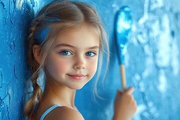Young girl with braided hair painting a wall bright blue with a roller, leaning against textured wet paint, focused and content in a playful creative moment