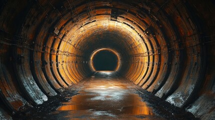 rusted circular metal tunnel with wet reflective floor, riveted segmented walls and a dark vanishing opening, moody eerie atmosphere
