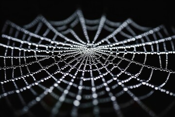 Fototapeta premium Delicate spider web studded with dewdrops against a black background, shimmering radial symmetry and a fragile, mesmerizing sparkle