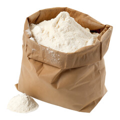 Brown paper bag filled with white wheat flour, organic baking flour in open sack with small pile isolated on white background, cooking ingredient