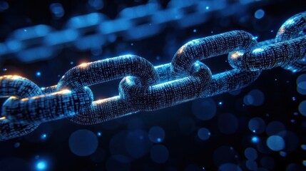 glowing blue metallic chain links wrapped in streaming digital code with soft bokeh lights conveying a futuristic secure connected atmosphere