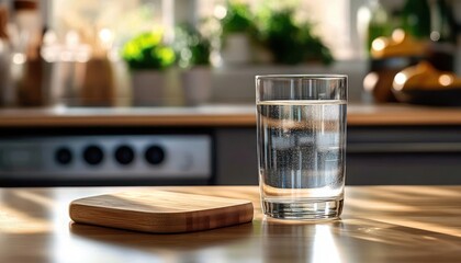 Sunlit glass of water with tiny bubbles beside a wooden cutting board on a bright kitchen counter, soft morning light creating a calm, peaceful, serene atmosphere