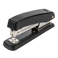 Professional black and silver desk stapler for heavy duty office work, manual paper fastening tool and stationery supply for documents, isolated on white background