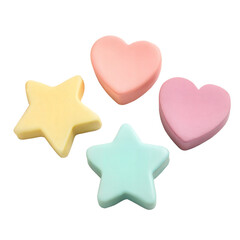 Collection of pastel colored heart and star shaped objects, soft foam sponges or decorative items in pink, orange, yellow and blue, isolated on white background