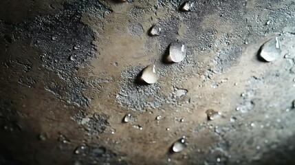 close-up of water droplets on a textured rusted metal surface with reflective beads and a moody contemplative atmosphere