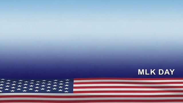 Patriotic MLK Day web banner design featuring a waving American flag at the bottom and a clear blue gradient sky background.