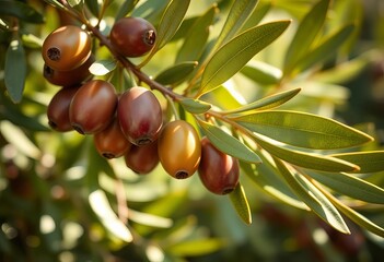 Close-up of ripe olives on branch, sunlight dappled leaves,  healthy,  botanical