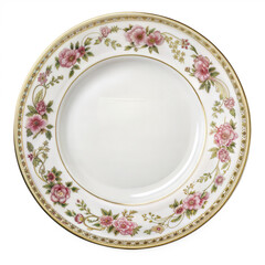 Decorative white ceramic plate with pink floral pattern and gold border, elegant vintage porcelain dinnerware isolated on white background.