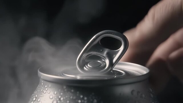 Close-Up of Hand Opening Generic Soda Can with Fizz 