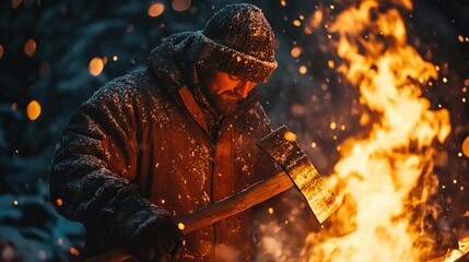Worker Holding an Axe in Snowy Conditions Near a Warm Fire