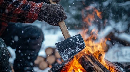 Worker Holding an Axe in Snowy Conditions Near a Warm Fire