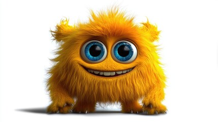 Fototapeta premium small fluffy golden-orange monster with oversized blue eyes, toothy grin, tufted ears and tiny claws standing on white background with a cheerful friendly expression