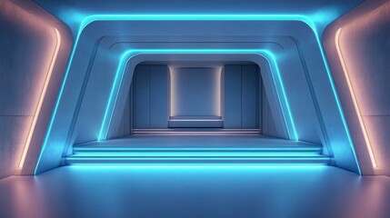 futuristic illuminated corridor with glowing blue and soft pink neon arches, tiered steps leading to a recessed bench alcove, sleek minimal interior evoking calm serenity