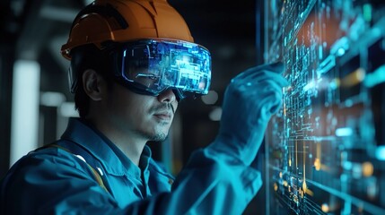 Worker in Safety Gear Interacting with Digital Technology.