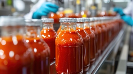 Workers in protective clothing inspecting and handling bottles of tomato sauce on a production line.