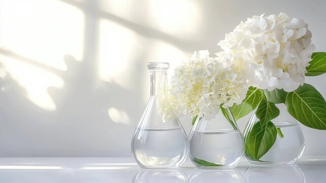 Three clear glass vases holding white hydrangea blooms and green leaves on a sunlit white tabletop with soft window shadows, creating a calm minimalist still life