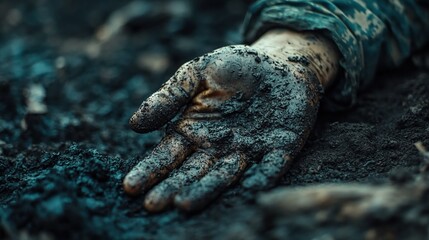 Wounded soldier??A?A?s hand lying on the ground, covered in dirt.