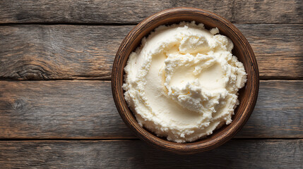 Rustic wooden bowl filled with creamy white lard, soft rendered pork fat with smooth texture, traditional cooking ingredient for baking and frying in country style kitchen.