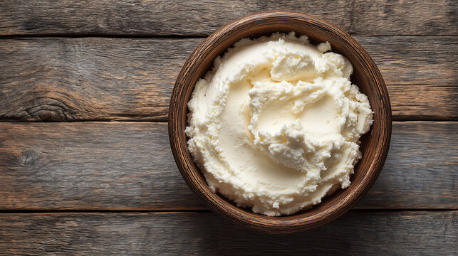Rustic wooden bowl filled with creamy white lard, soft rendered pork fat with smooth texture, traditional cooking ingredient for baking and frying in country style kitchen.