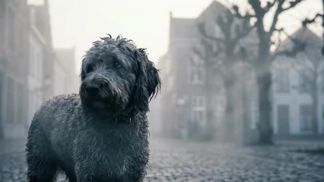 labrador poodle. A shaggy dog stands on a cobblestone street, surrounded by a misty fog that envelops the quiet townscape, with trees and vintage buildings in the background