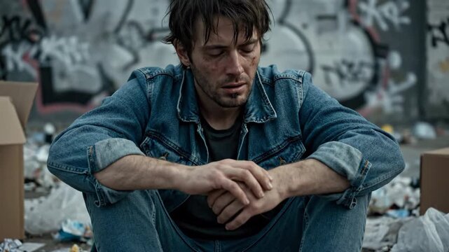 Distressed man in a blue denim jacket sits amidst litter with a graffiti wall backdrop, symbolizing urban hardship and social issues.