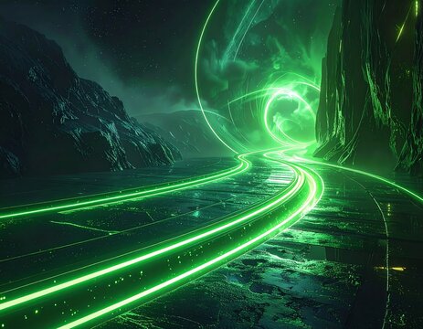 Neon green light trails through a sci-fi landscape, futuristic art - Powered by Adobe
