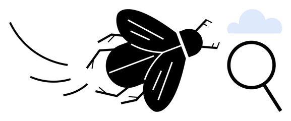 Flying insect in motion with magnifying glass for close observation, accompanied by small cloud. Ideal for science, entomology, exploration, education, environment, curiosity ecology. A clean © robu_s