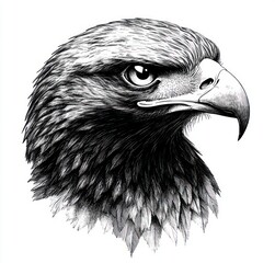 detailed black and white eagle head portrait with layered feathers, sharp hooked beak and intense focused gaze conveying majesty and fierce determination