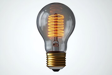 single glowing vintage light bulb with coiled spiral filament and brass screw base on a clean white background, warm inviting glow suggesting inspiration and creativity