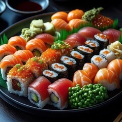 Vibrant sushi platter with salmon and tuna nigiri, assorted maki and uramaki topped with orange fish roe, gunkan, pickled ginger, wasabi and edamame on a black plate, appetizing