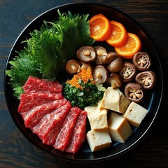 Vibrant platter of marbled raw beef slices, cubed tofu, shiitake and brown mushrooms, fresh shiso leaves, chopped scallions with orange roe and mandarin slices on a black plate, inviting and fresh